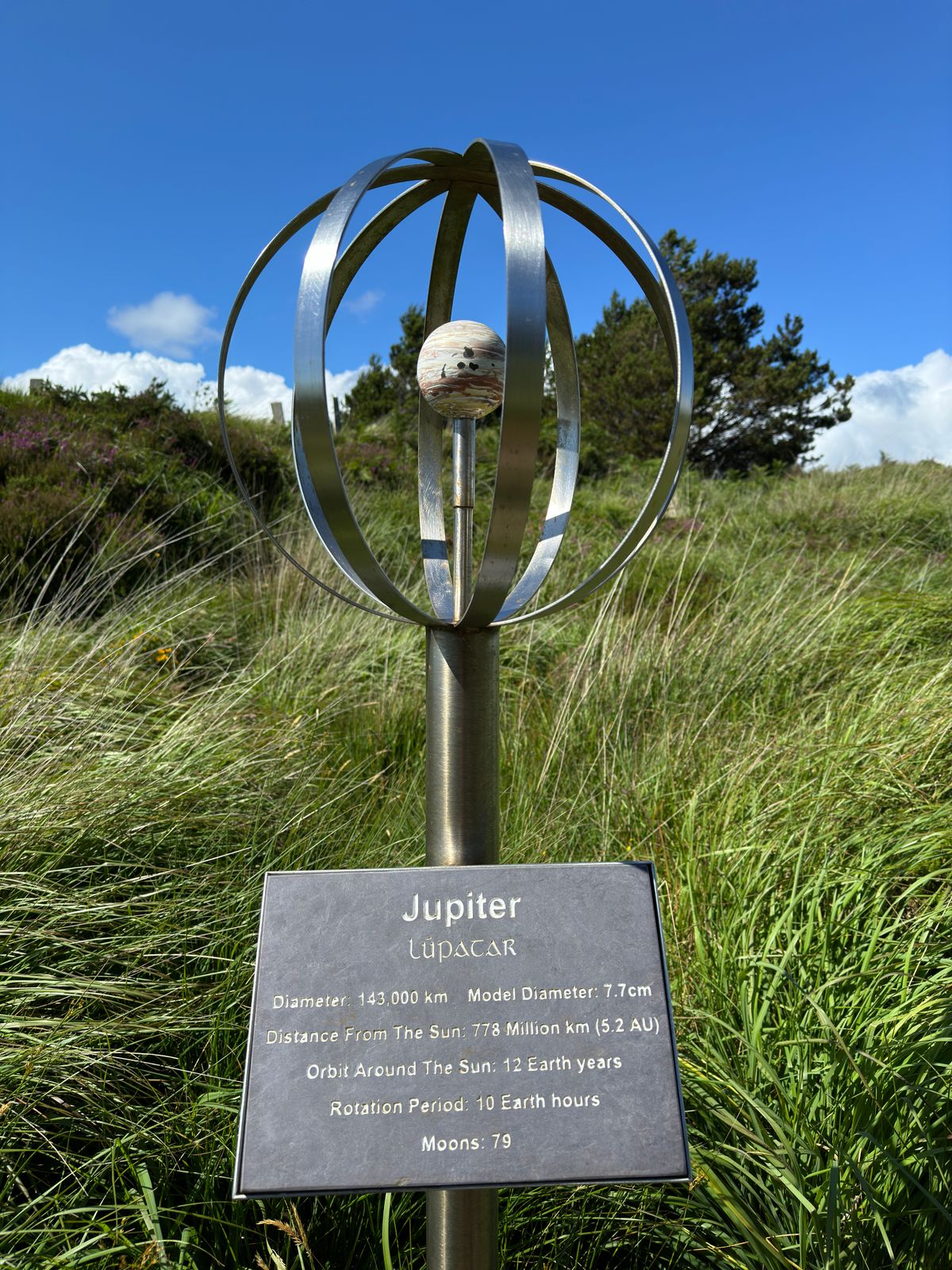 The metal Jupiter sculpture with its model planet and information plaque