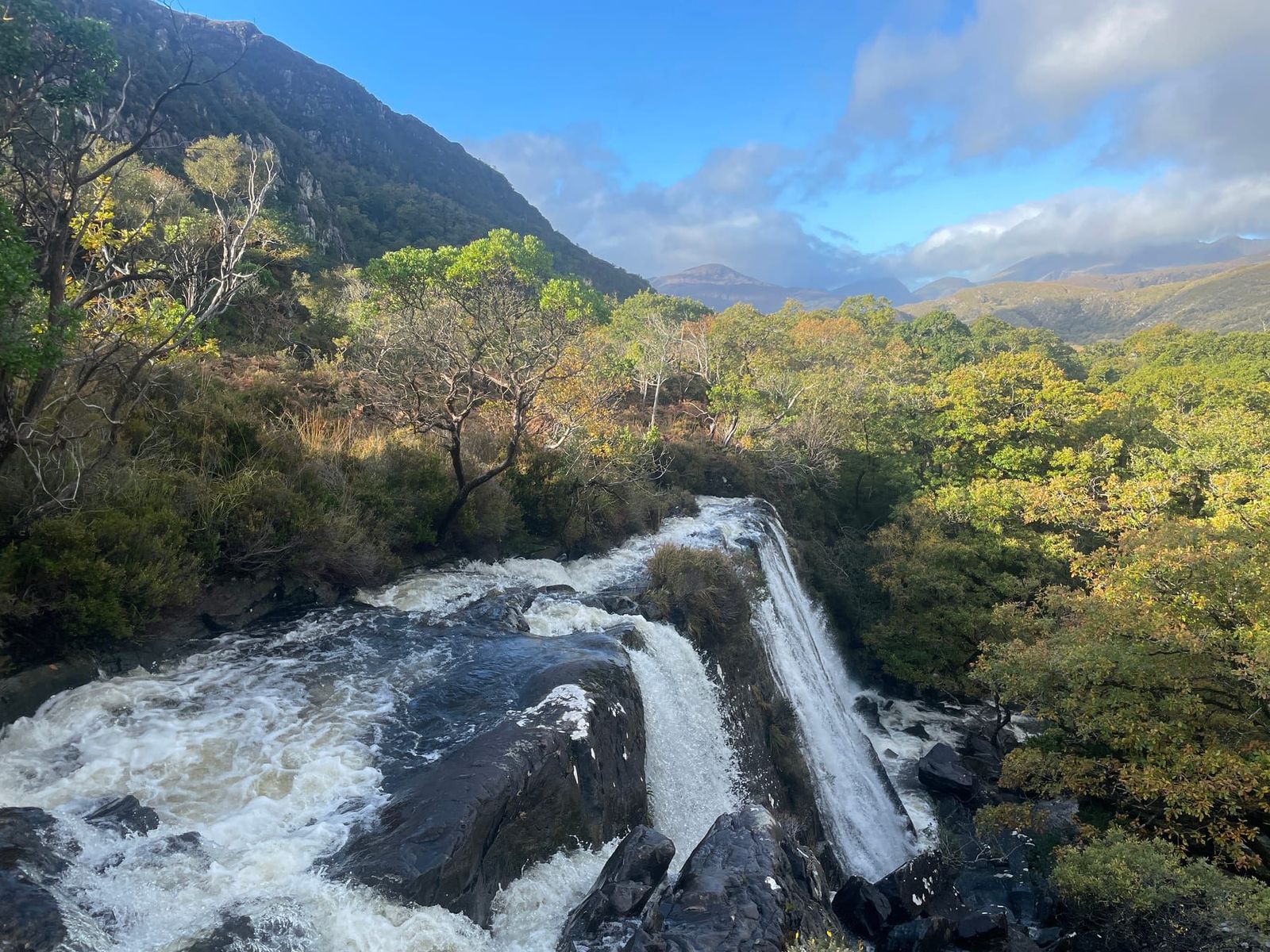 Water dropping through a wooded valley beneath the mountains