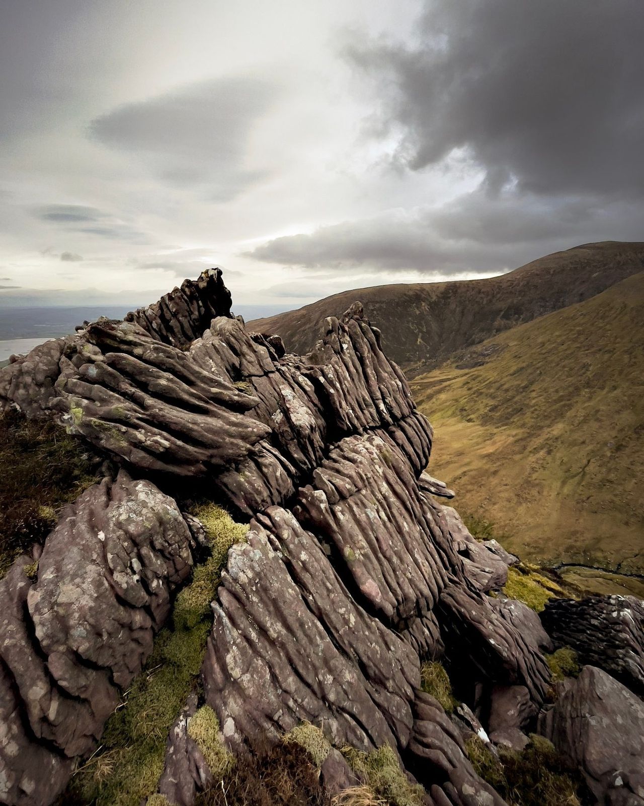 Closely folded mountain rock rising from the grass below the ridge