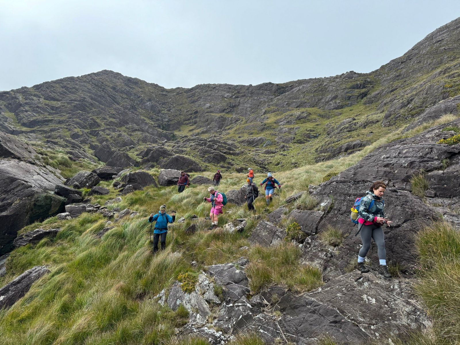 A group of walkers climbing through steep grass and broken rock