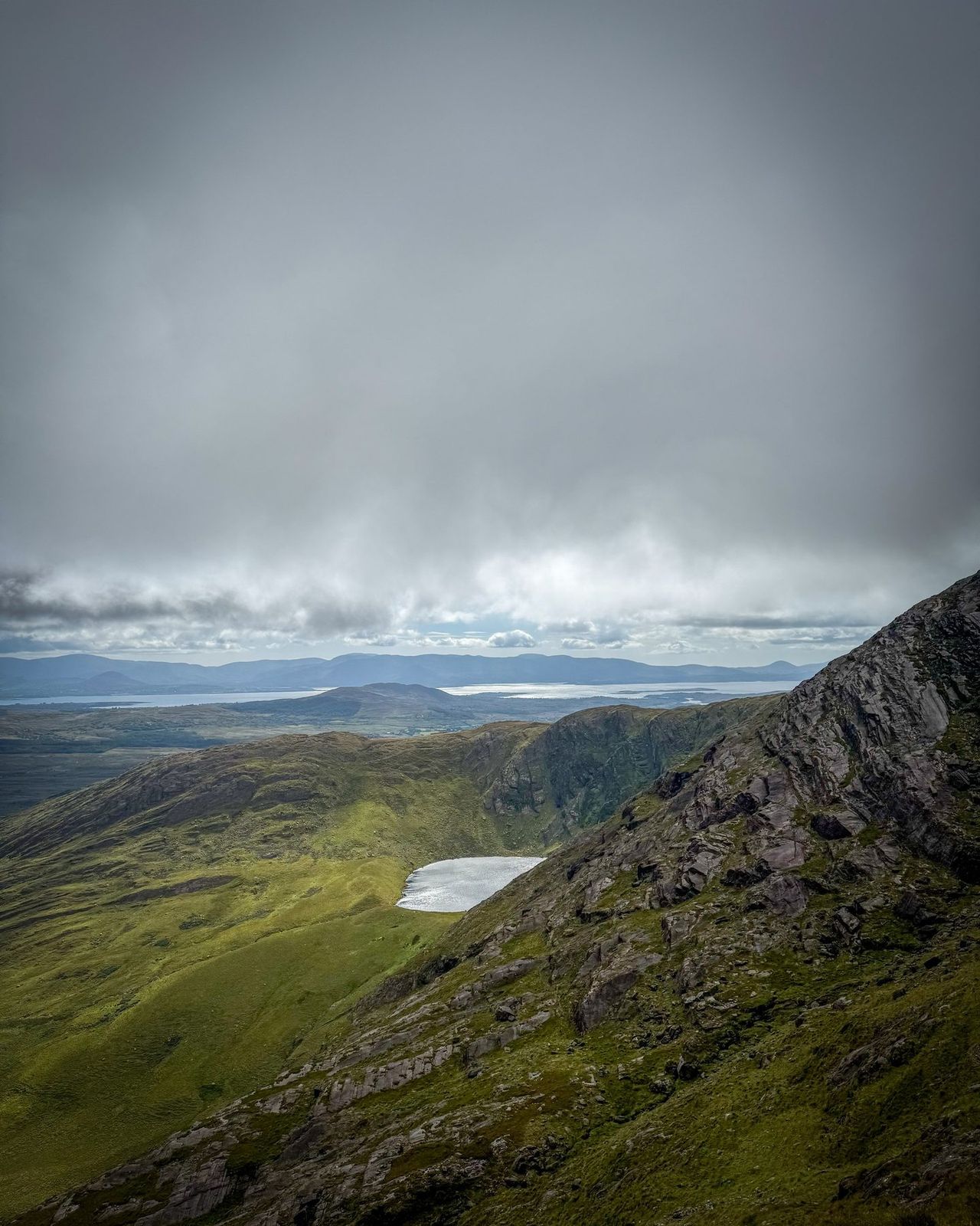 A small mountain lough below a dark ridge with coastal water in the distance