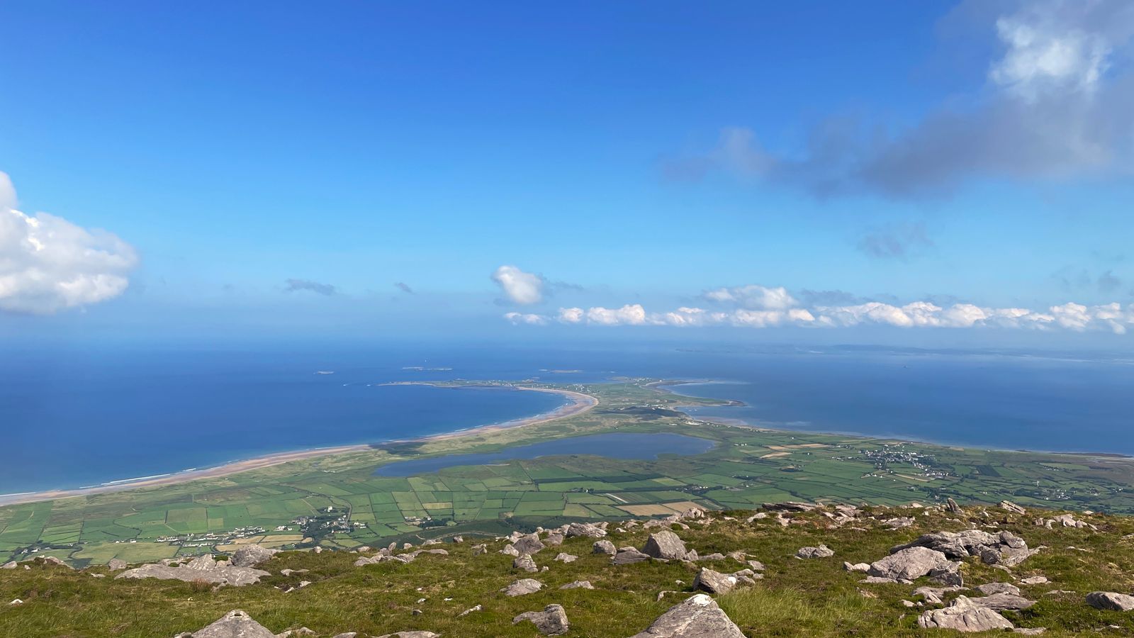 The Maharees peninsula and Lough Gill seen from high above the coast