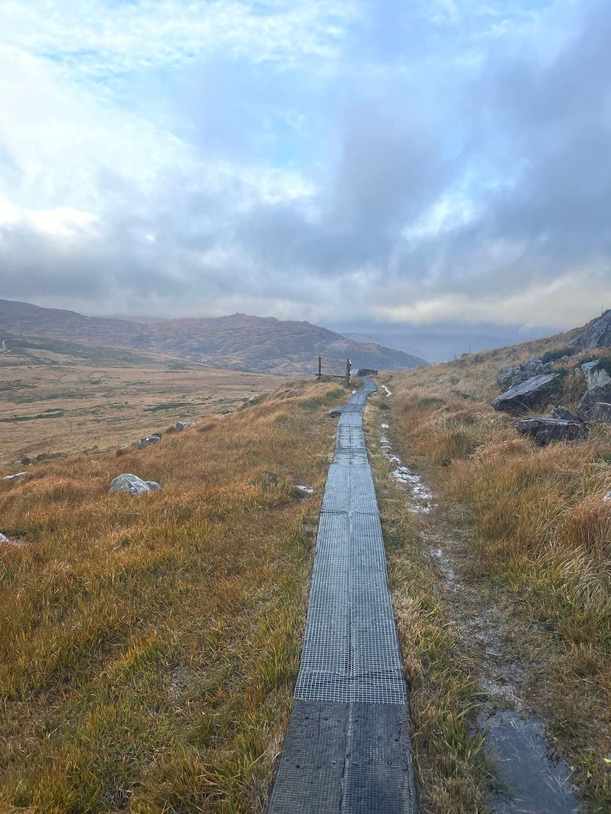 A wet boardwalk crossing open Torc mountain ground under grey skies