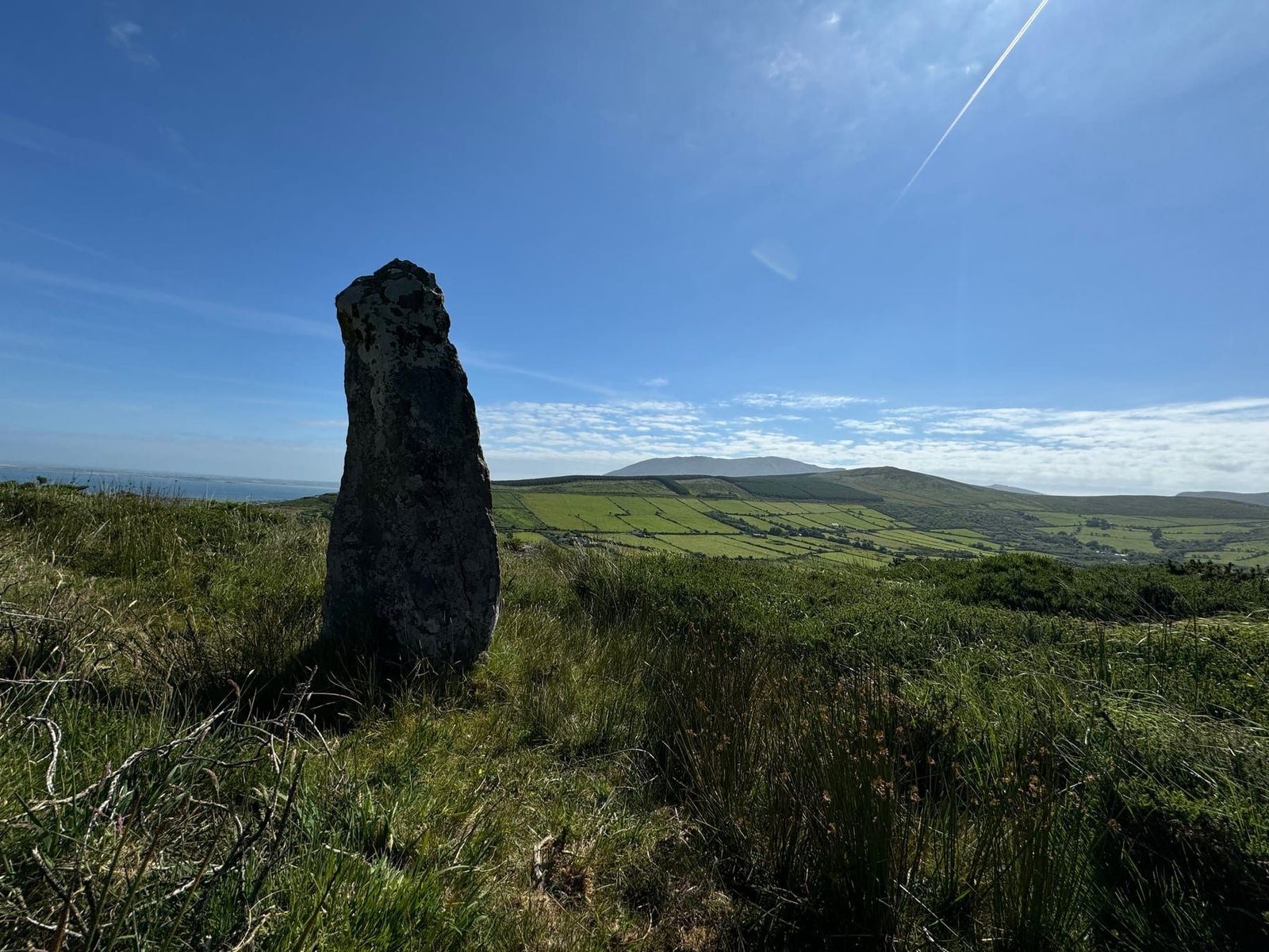 A dark standing stone looking across patterned fields
